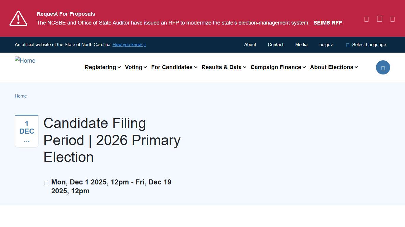 Candidate Filing Period 2026 Primary Election NCSBE