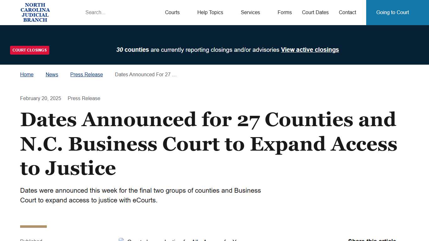 Dates Announced for 27 Counties and N.C. Business Court to Expand Access to Justice North Carolina Judicial Branch